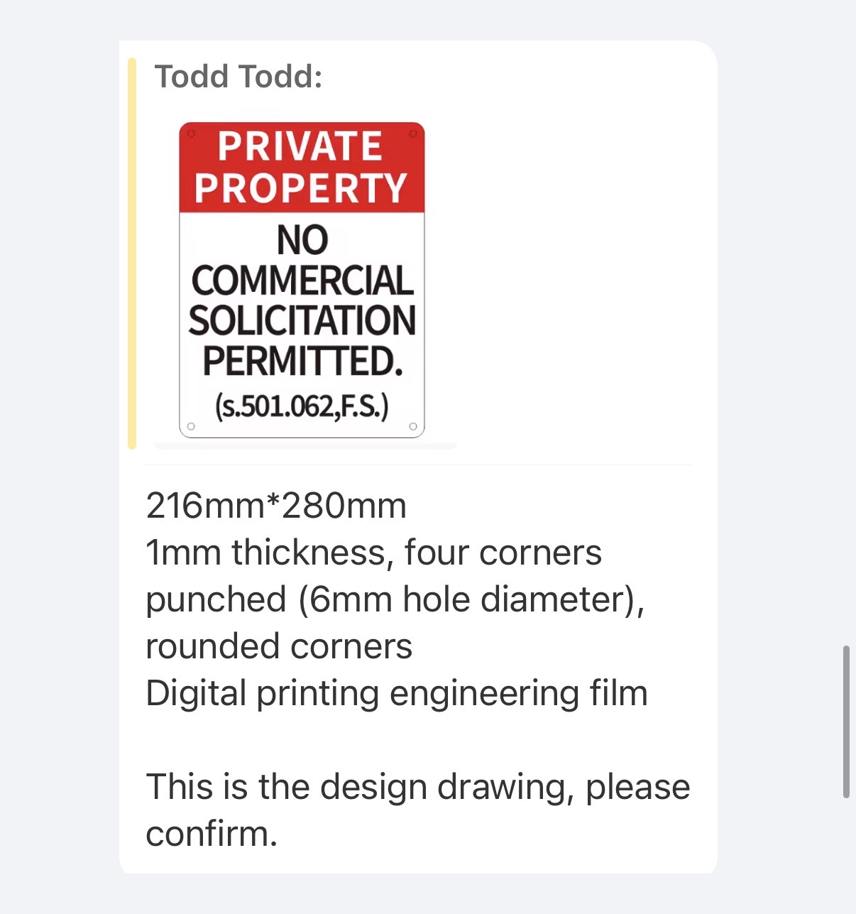 Florida private property no commercial solicitation sign